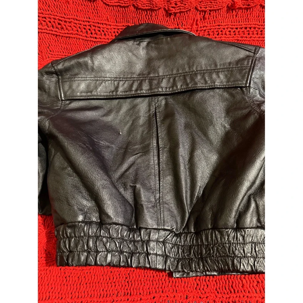Phase 2 Kids Black Genuine Leather Bomber Jacket Vintage 1980's